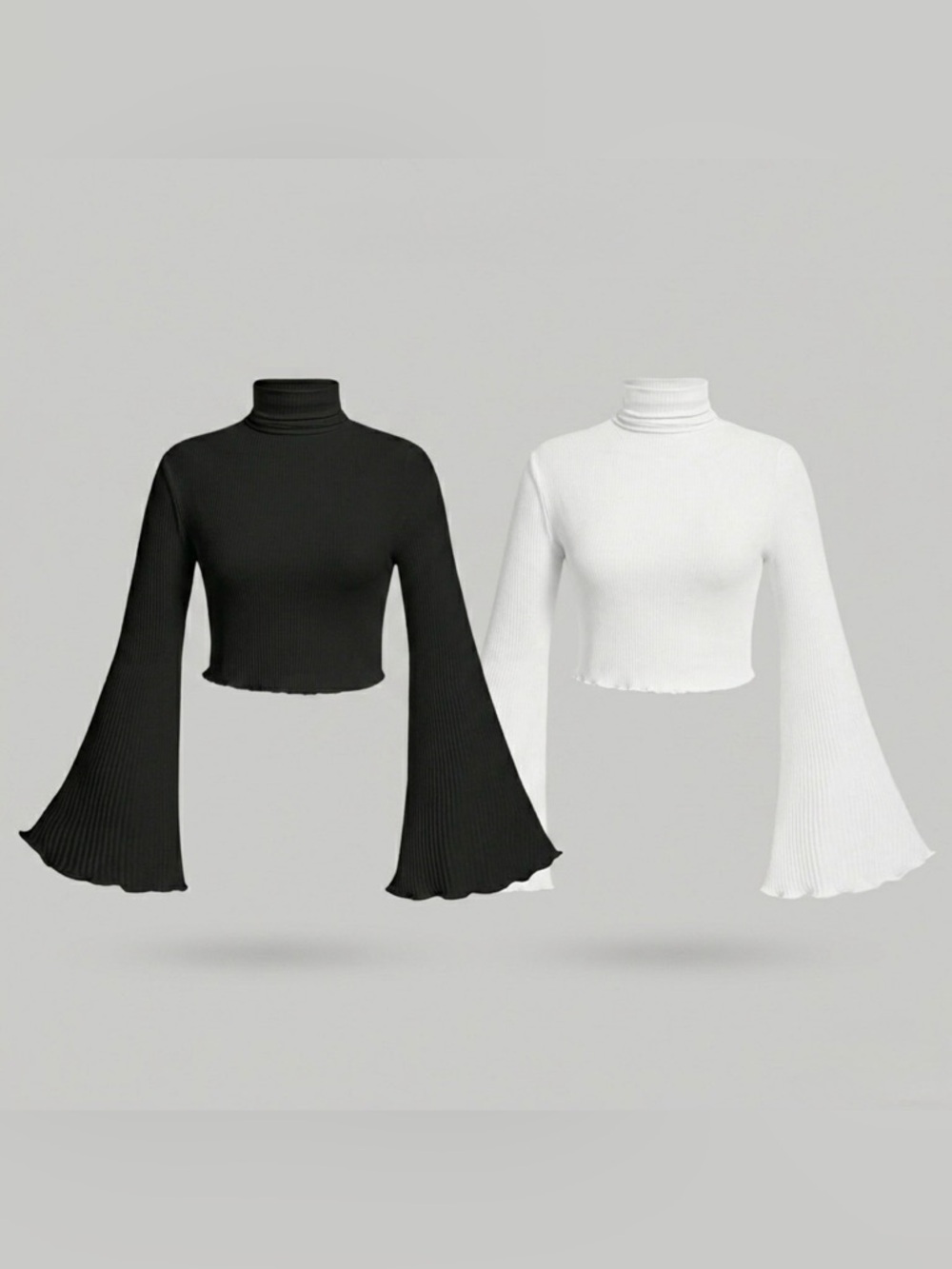 Ribbed Cropped Turtleneck Top with Bell Sleeves - Black & White